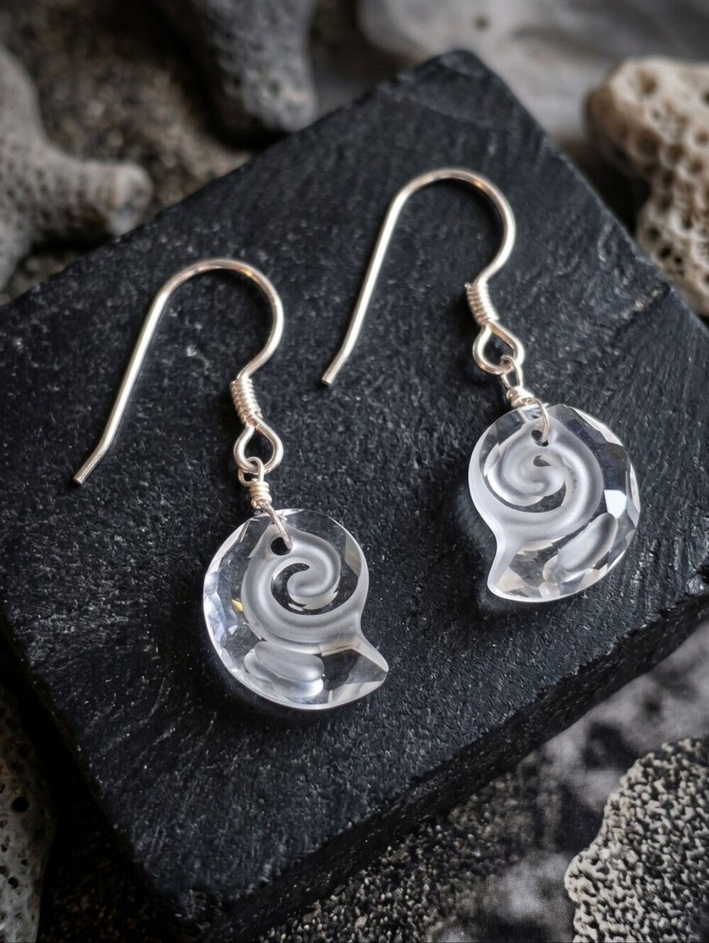 White Swarovski Crystal "Sea Snail" Sterling Silver Dangle Earrings Nautilus